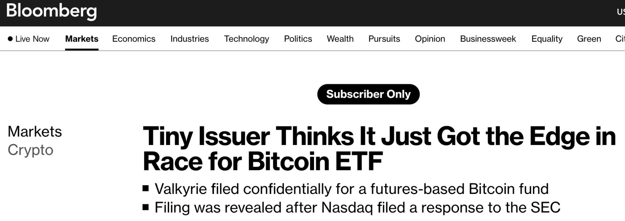 Bloomberg: Tiny Issuer Thinks It Just Got the Edge in Race for Bitcoin ETF