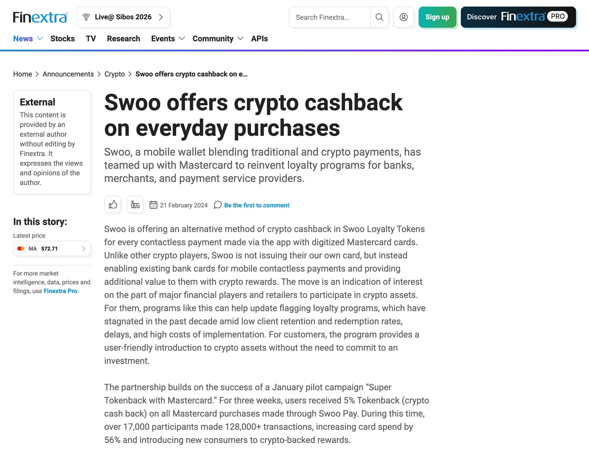 Finextra: Swoo offers crypto cashback on everyday purchases