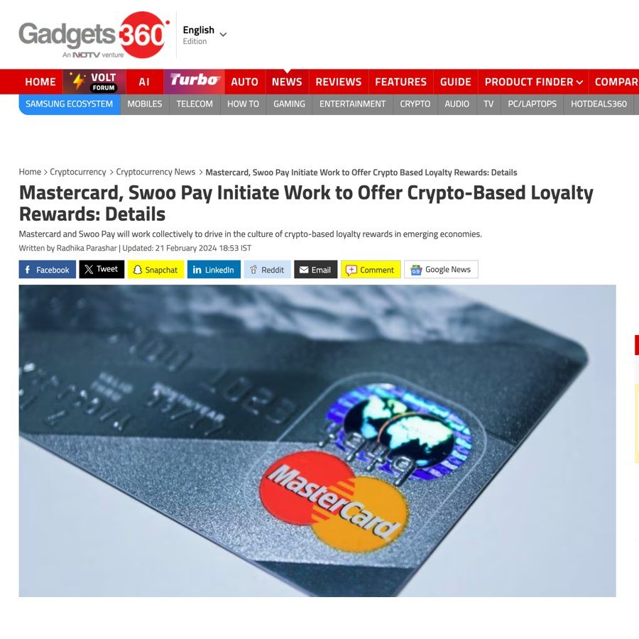 Gadgets 360: Mastercard, Swoo Pay Initiate Work to Offer Crypto-Based Loyalty Rewards